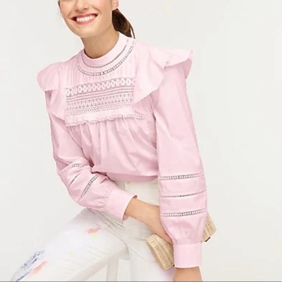 New J. Crew Crocheted Lace Flutter Sleeve Mock Neck Pink Top Medium - Picture 2 of 16